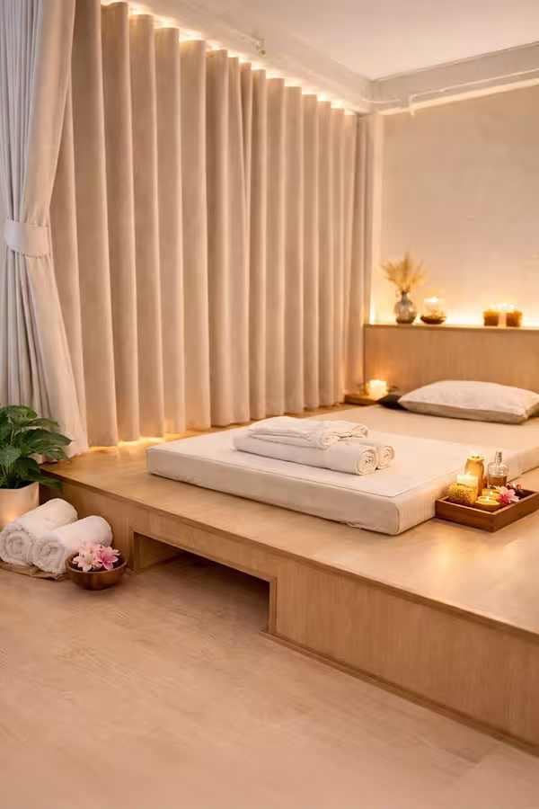 Massage bed in a curtained treatment area
